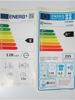 Oud en nieuw energielabel van een droogkast